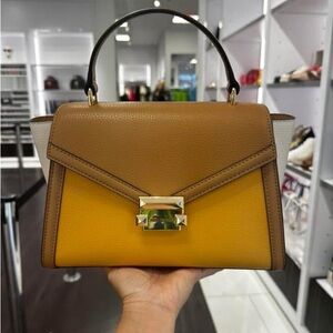 Michael Kors Whitney MD Flap Top Handle Shoulder Bag Color-Block GLDN ROD Multi